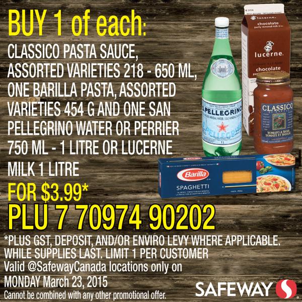 [逾期]Safeway：Classico Pasta Sauce + 1L San Pellegrino/Perrier Water或鮮奶 + Barilla Pasta意粉一盒只賣$3.99