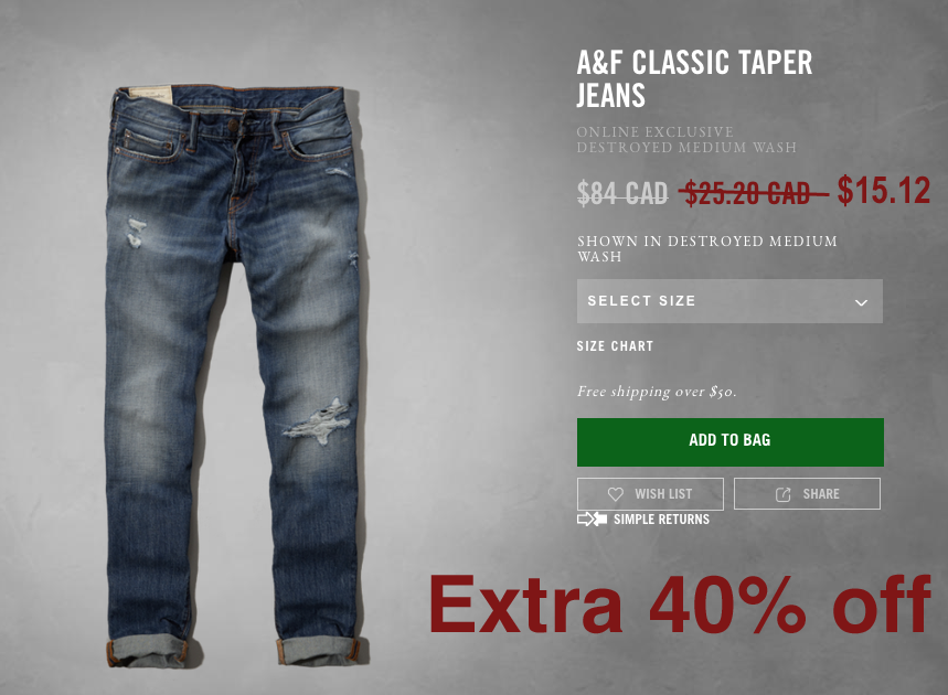 [逾期]A&F：男裝牛仔褲只賣$15.12