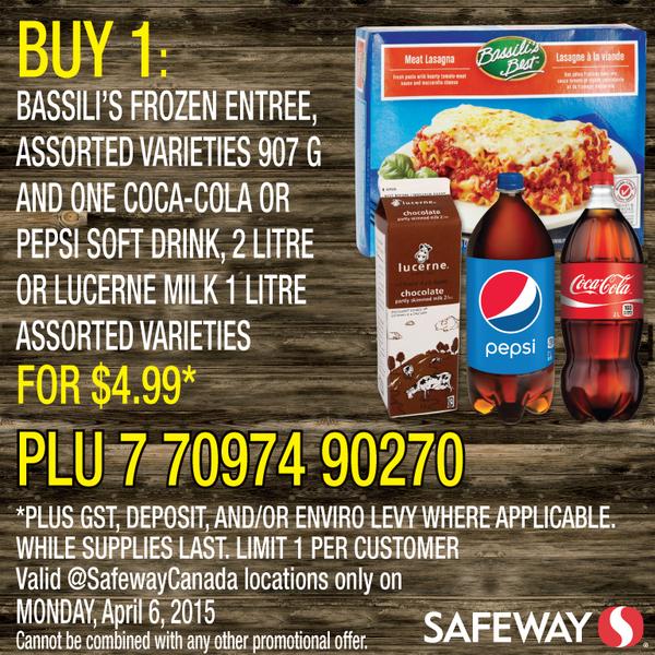 [逾期]Safeway：Bassili’s急凍食品 + 2L汽水或1L鮮奶只賣$4.99