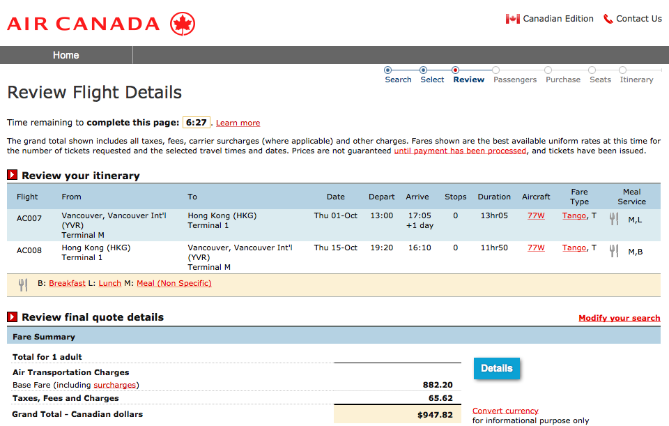 [逾期]Air Canada：來回溫哥華及香港只需 $948