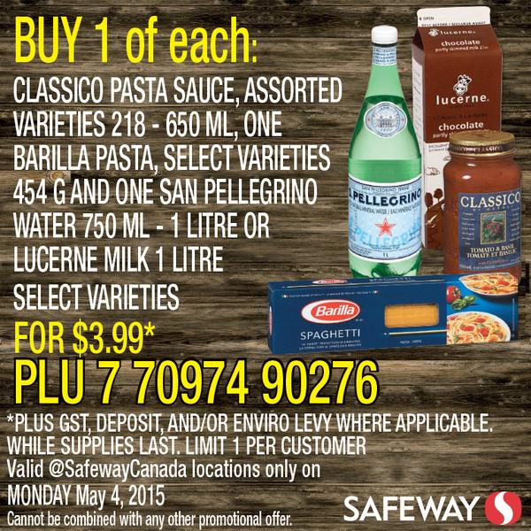 [逾期]Safeway：Classico Pasta Sauce + 1L San Pellegrino Water或鮮奶 + Barilla Pasta意粉一盒只賣$3.99
