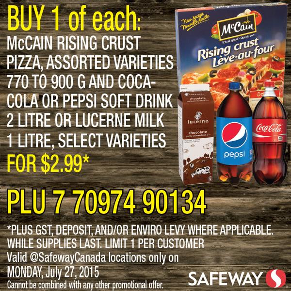 [逾期]Safeway：McCAIN Pizza + 2L汽水或鮮奶只賣$2.99