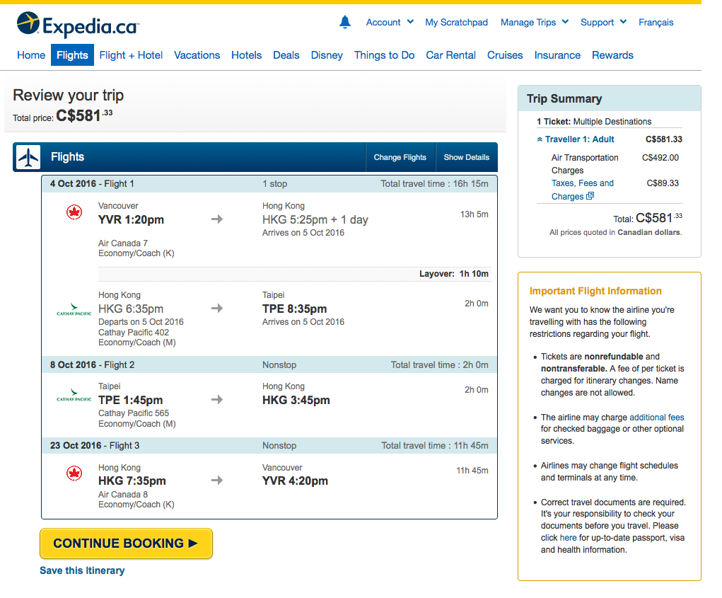 Expedia：溫哥華 – 台北 – 香港機票只賣$582(連稅)