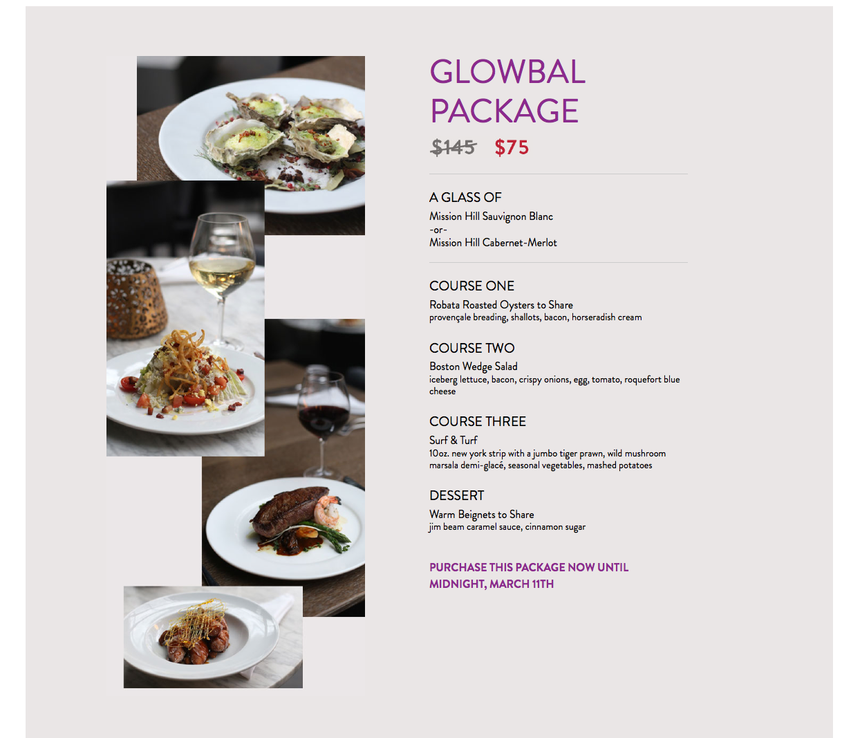 [逾期]Glowbal餐廳：烤蠔 + 紐約牛排 + 老虎蝦二人套餐只需$75
