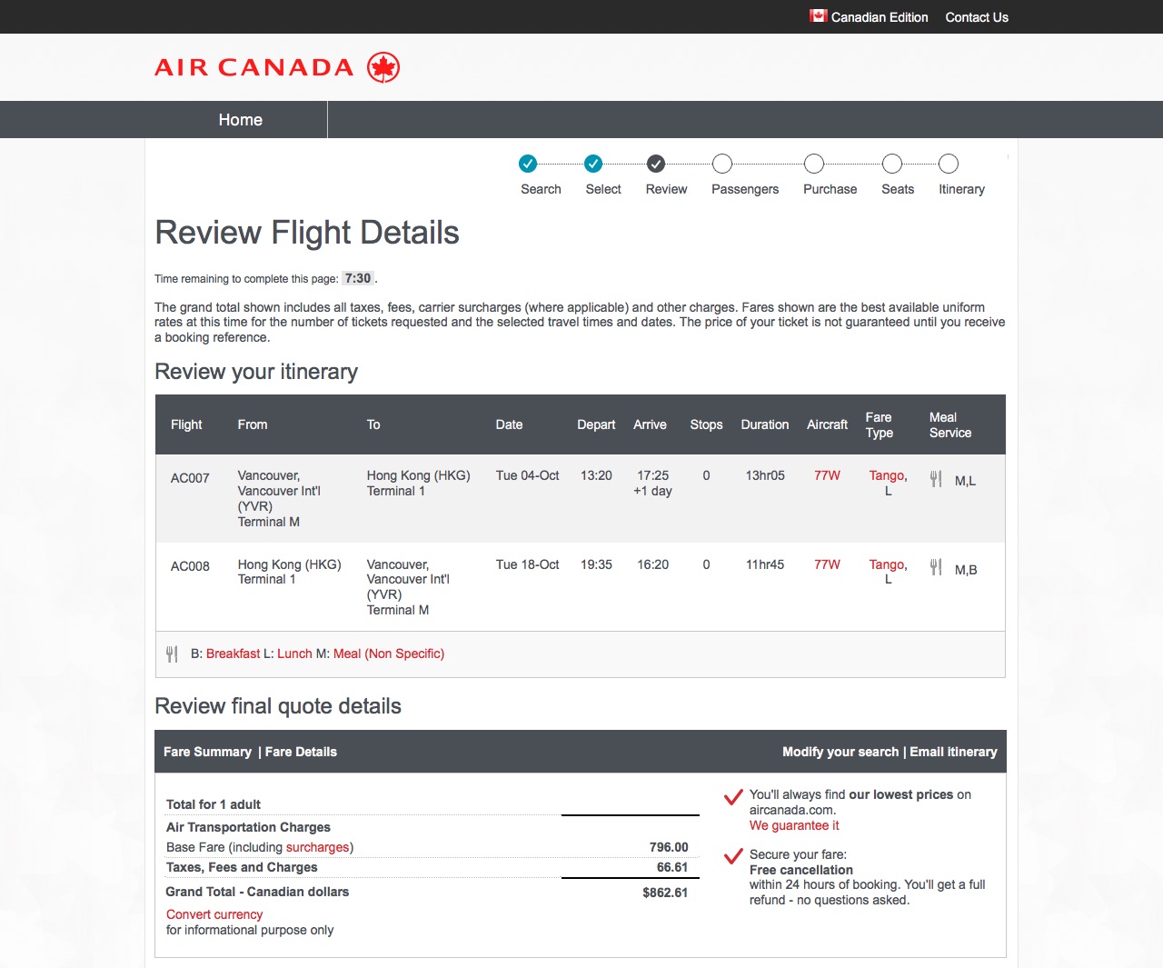 [逾期]Air Canada：來回溫哥華及香港只需 $863