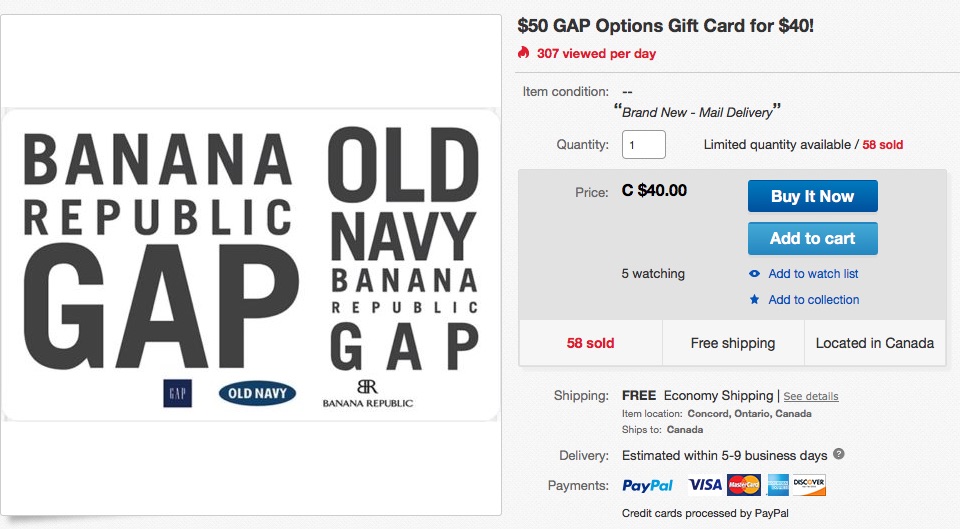 [逾期]ebay.ca：$50 Banana Republic/Gap/Old Navy禮券(Gift Card)只賣$40