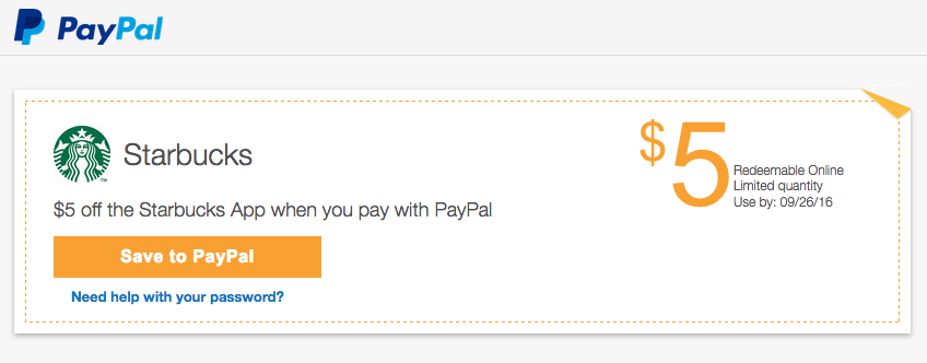 [逾期]Starbucks：以PayPal增值$10(或以上)可獲$5回贈