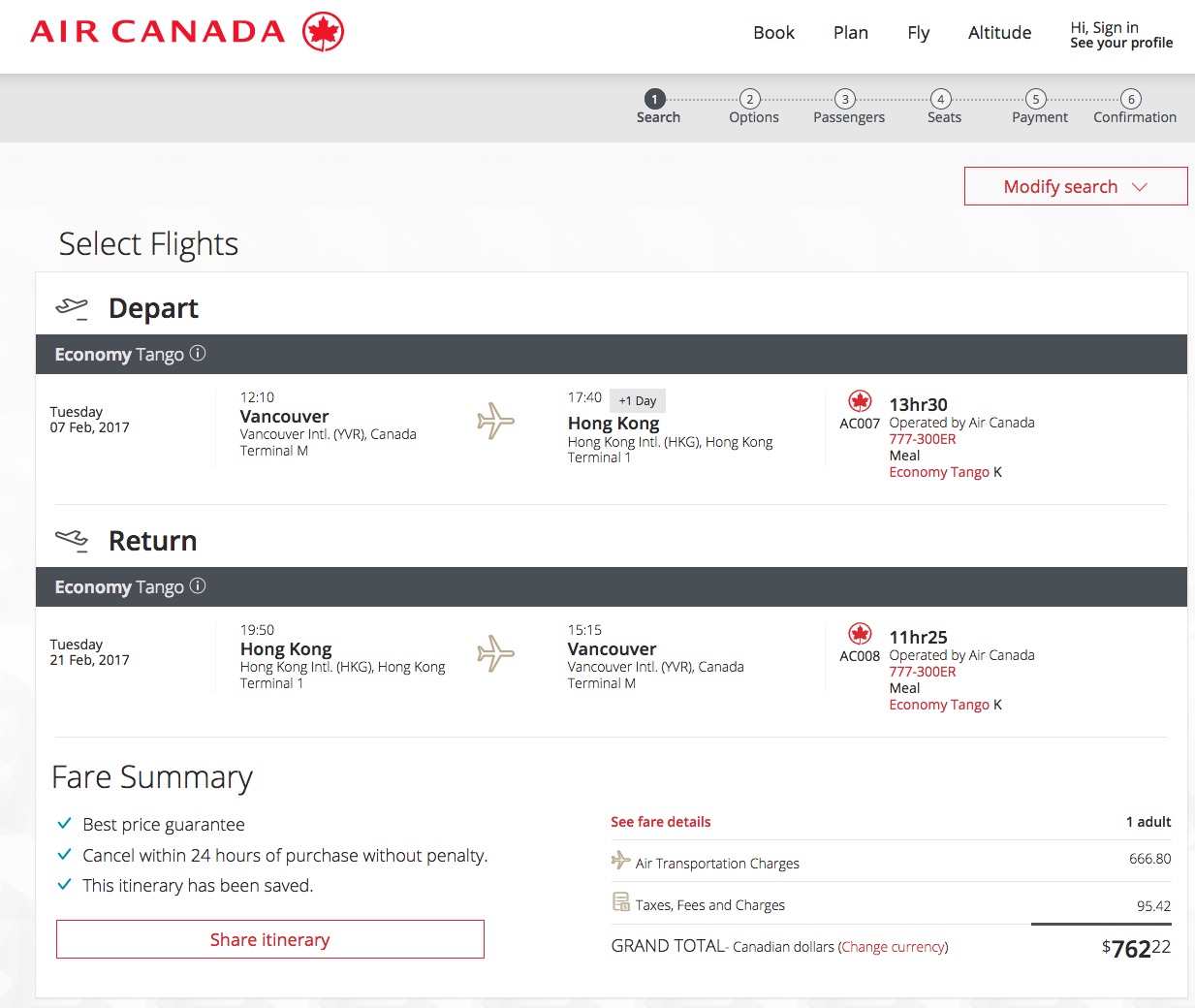 [逾期]Air Canada：來回溫哥華及香港只需 $763(連稅)