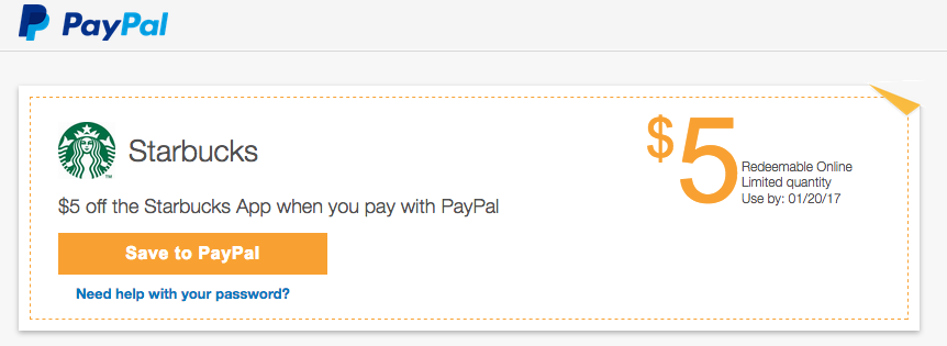 [逾期]Starbucks：以PayPal增值$10(或以上)可獲$5回贈
