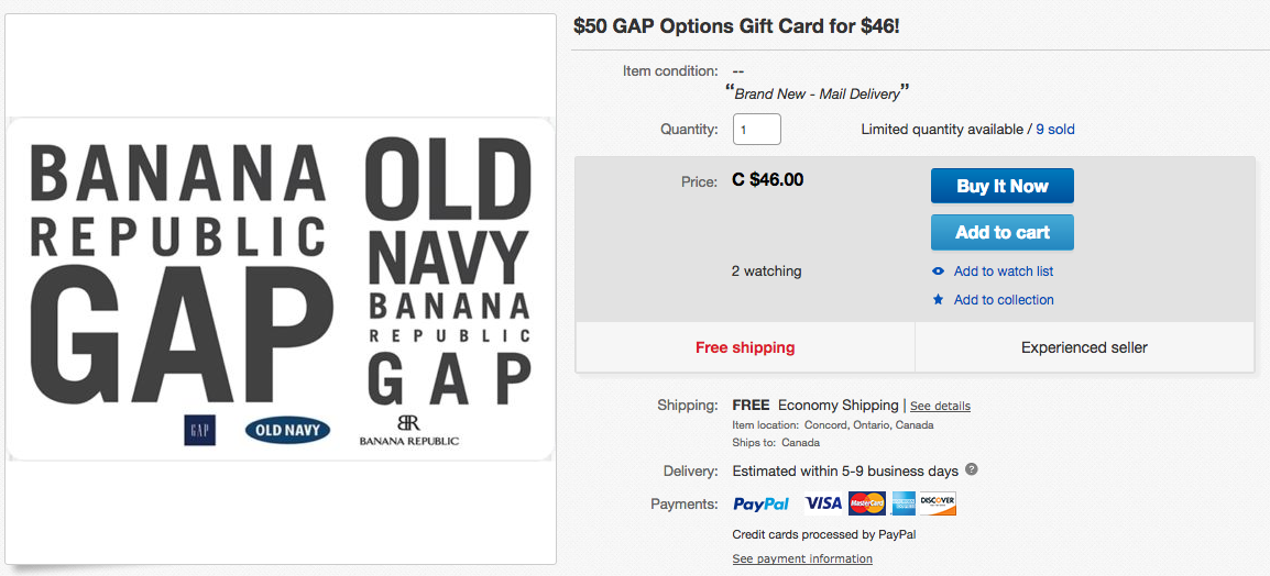 [Sold Out]ebay.ca：$50 Banana Republic/Gap/Old Navy禮券(Gift Card)只賣$46