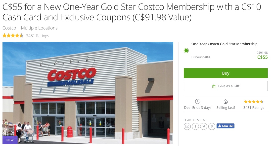 [Sold Out]Groupon：Costco Gold Star新會員費 + $10 Costo Cash Card只賣$55
