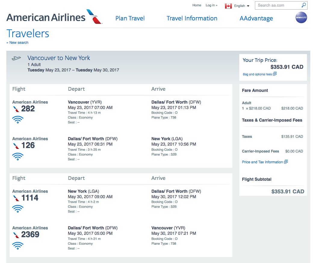 American Airlines：來回溫哥華及紐約只需 $354