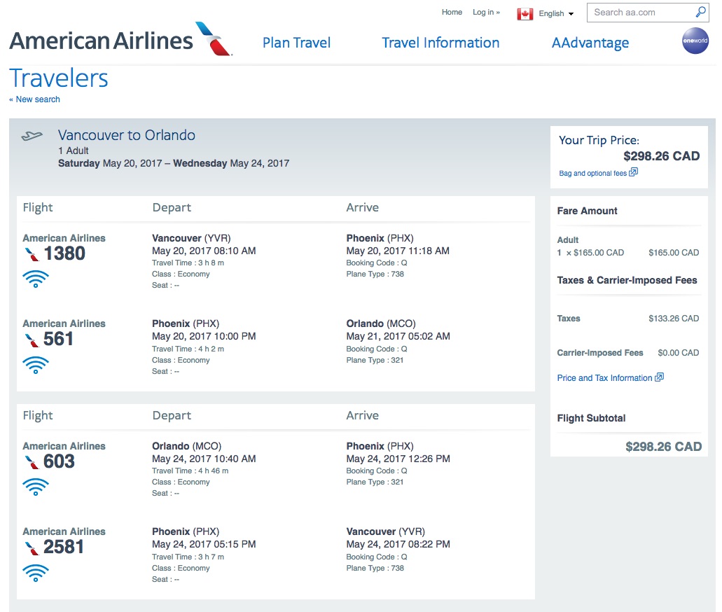 American Airlines：來回溫哥華及奧蘭多只需 $298