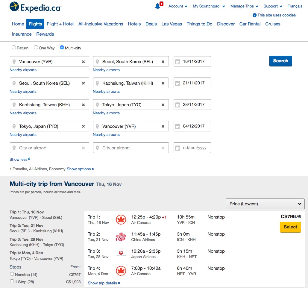 Expedia：溫哥華 – 首爾 – 高雄 – 東京機票只賣$796(連稅)
