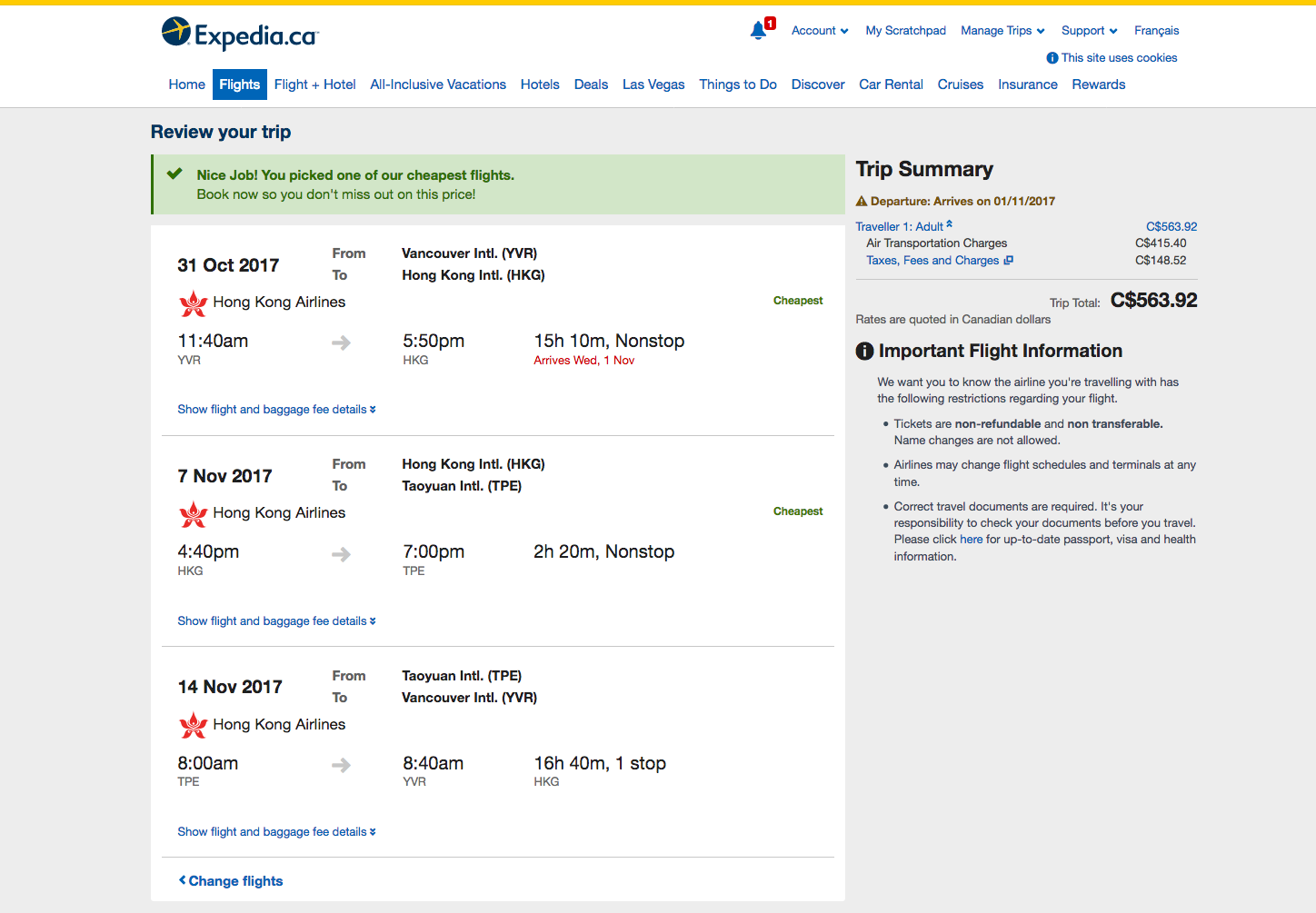 Expedia：溫哥華 – 香港 – 台北機票只賣$564(連稅)