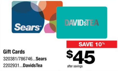 [逾期]Staples：購買David’s Tea/Sears $50禮券(Gift Card)，即可獲$5折扣優惠