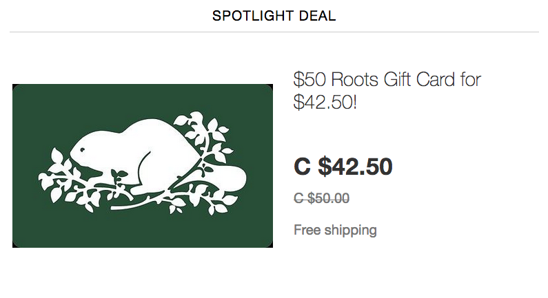 ebay.ca：$50 Roots Gift Card只賣$42.50