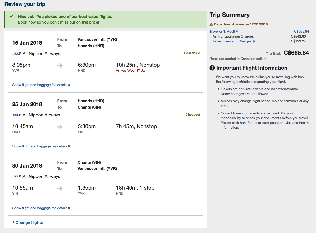 Expedia：溫哥華 – 東京 – 新加坡機票只賣$666(連稅)