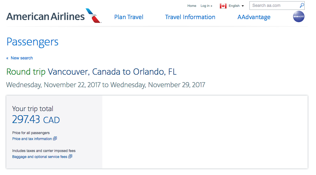 American Airlines：來回溫哥華及奧蘭多只需 $297