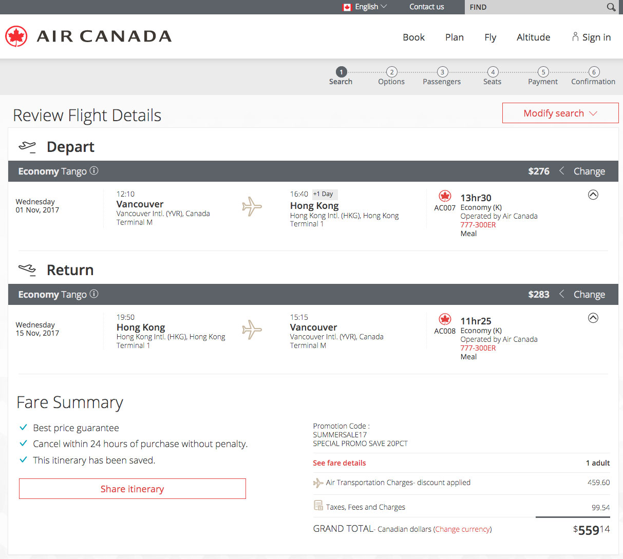 [逾期]Air Canada：來回溫哥華及香港只需加幣$559(連稅)