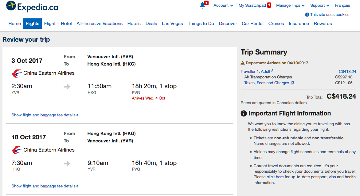 中國東方航空：來回溫哥華及香港只需加幣$418(連稅)
