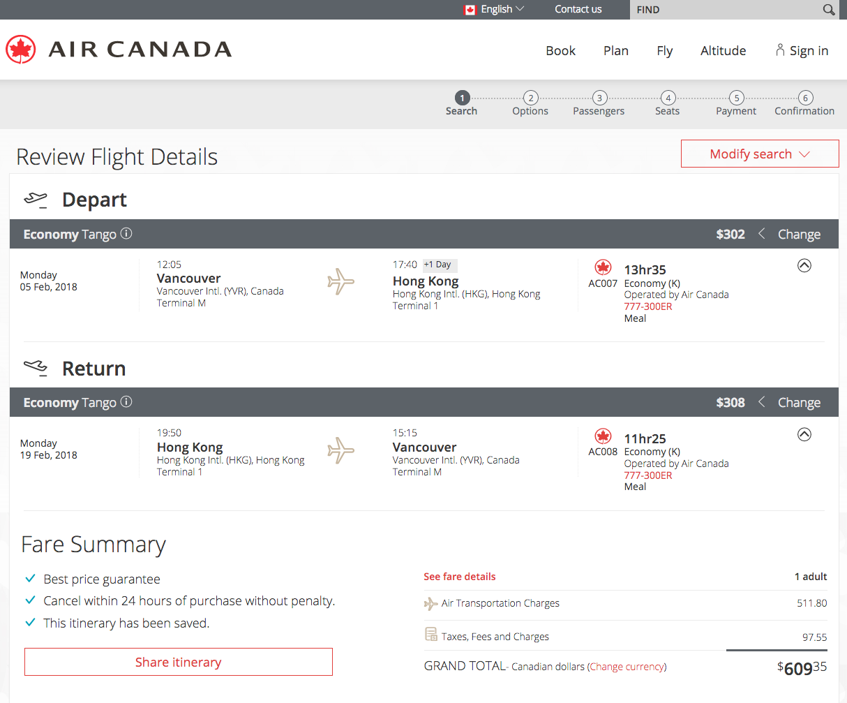 [逾期]Air Canada：來回溫哥華及香港只需加幣$609