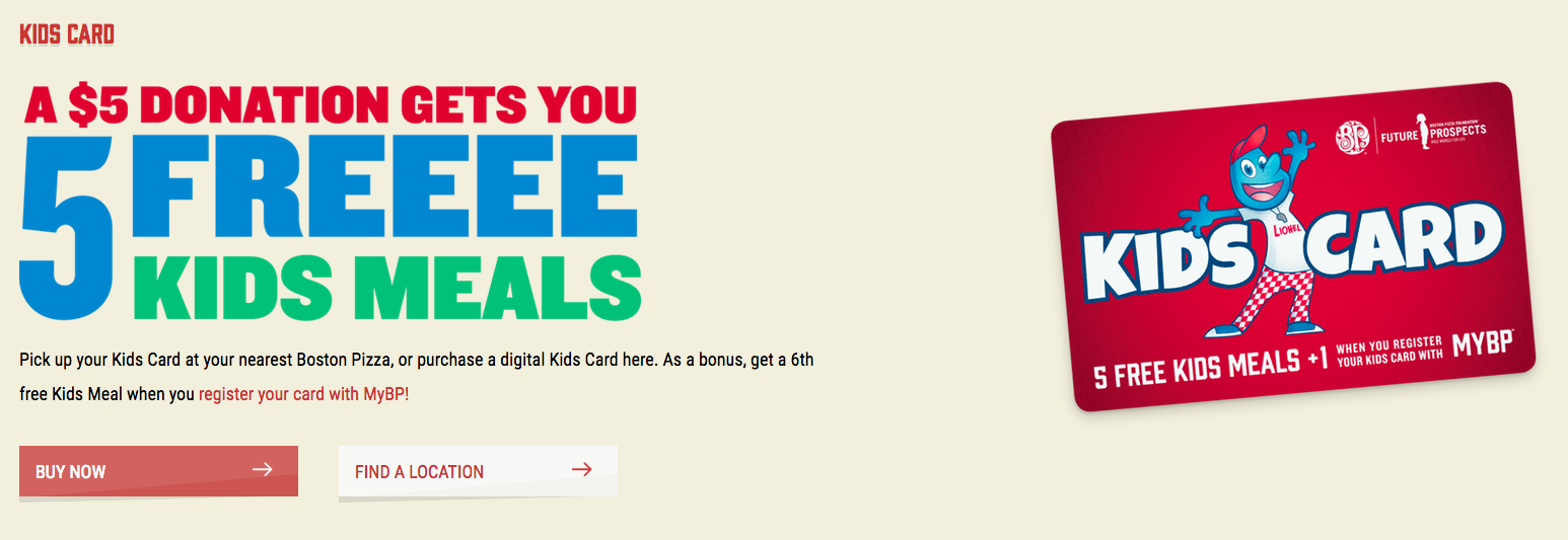 Boston Pizza：捐款$5可享免費Kids Meals (共5餐)