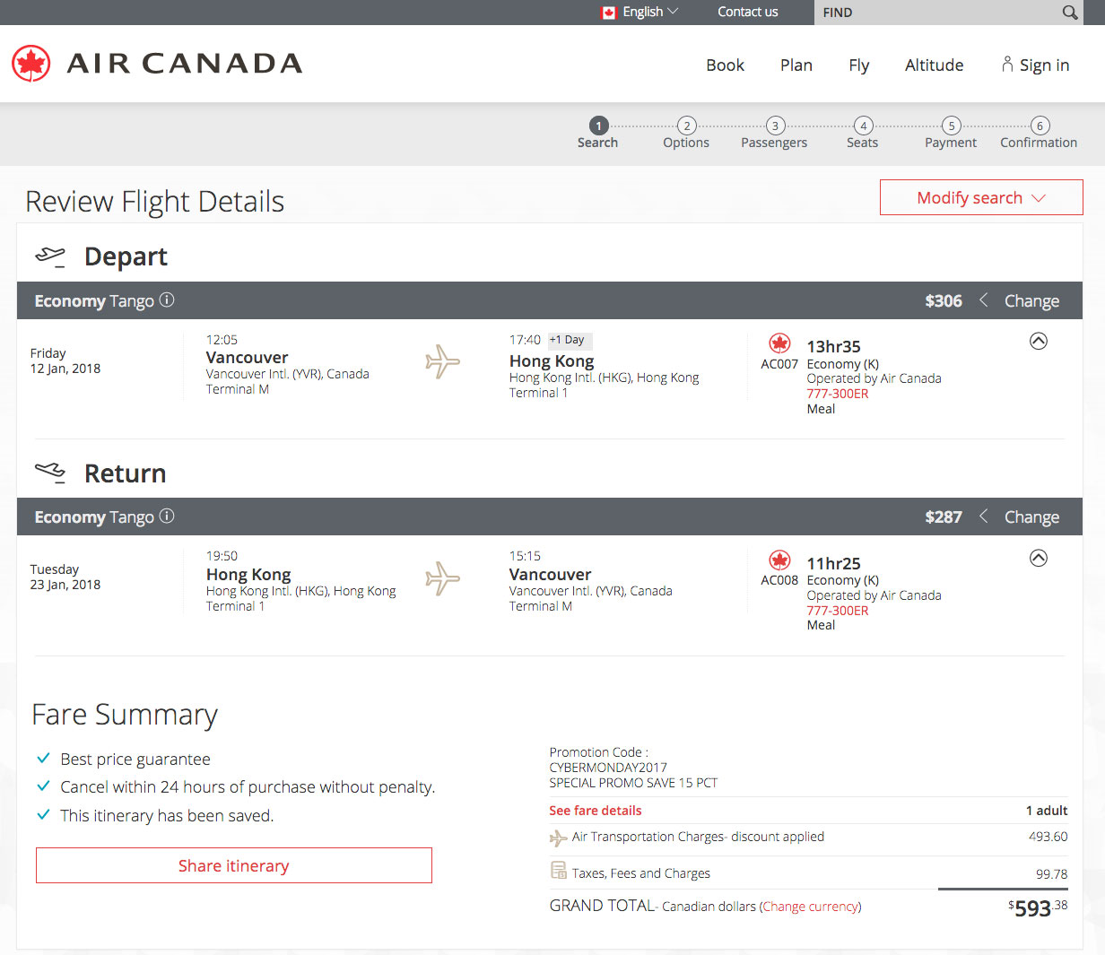 [逾期]Air Canada：來回溫哥華及香港只需加幣$593