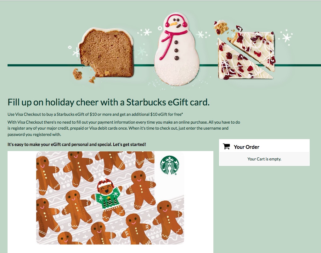 以Visa Checkout方式購買Starbucks eGift Card $10，可獲贈額外$10