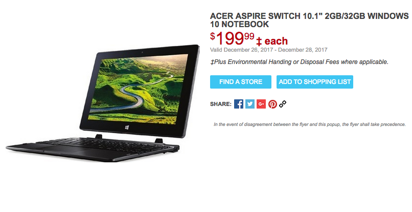 [逾期]Shoppers Drug Mart：Acer Aspire Switch 10.1吋 2-in-1 Touchscreen Laptop/Tablet只賣$199.99