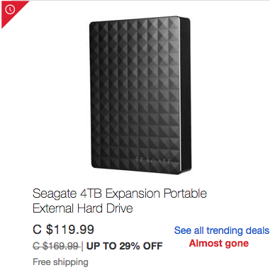 [逾期]ebay.ca：Seagate 4TB Portable External Hard Disk只賣$119.95(連稅)