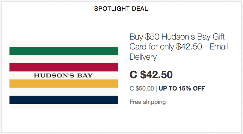 [sold out]ebay.ca：$50 Hudson’s Bay Gift Card只賣$42.50