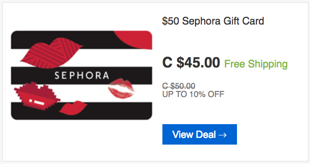 ebay.ca：$50 Sephora Gift Card只賣$45
