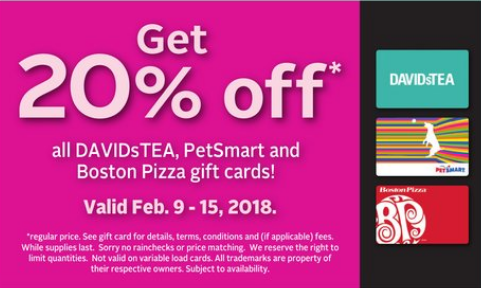 [逾期]Rexall：購買Boston Pizza/David’s Tea/PetSmart禮券(Gift Card)可獲八折優惠