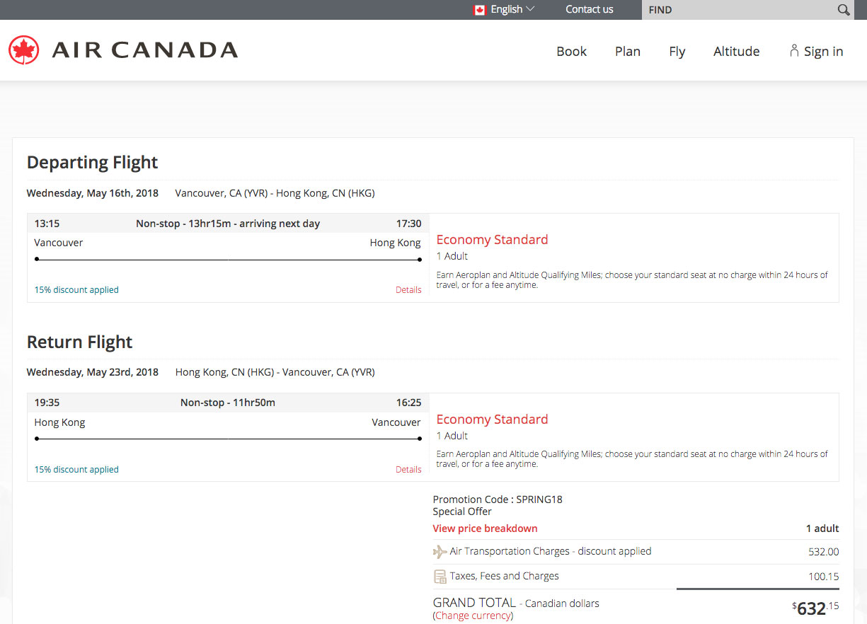 [逾期]Air Canada：來回溫哥華及香港只需加幣$632(連稅)