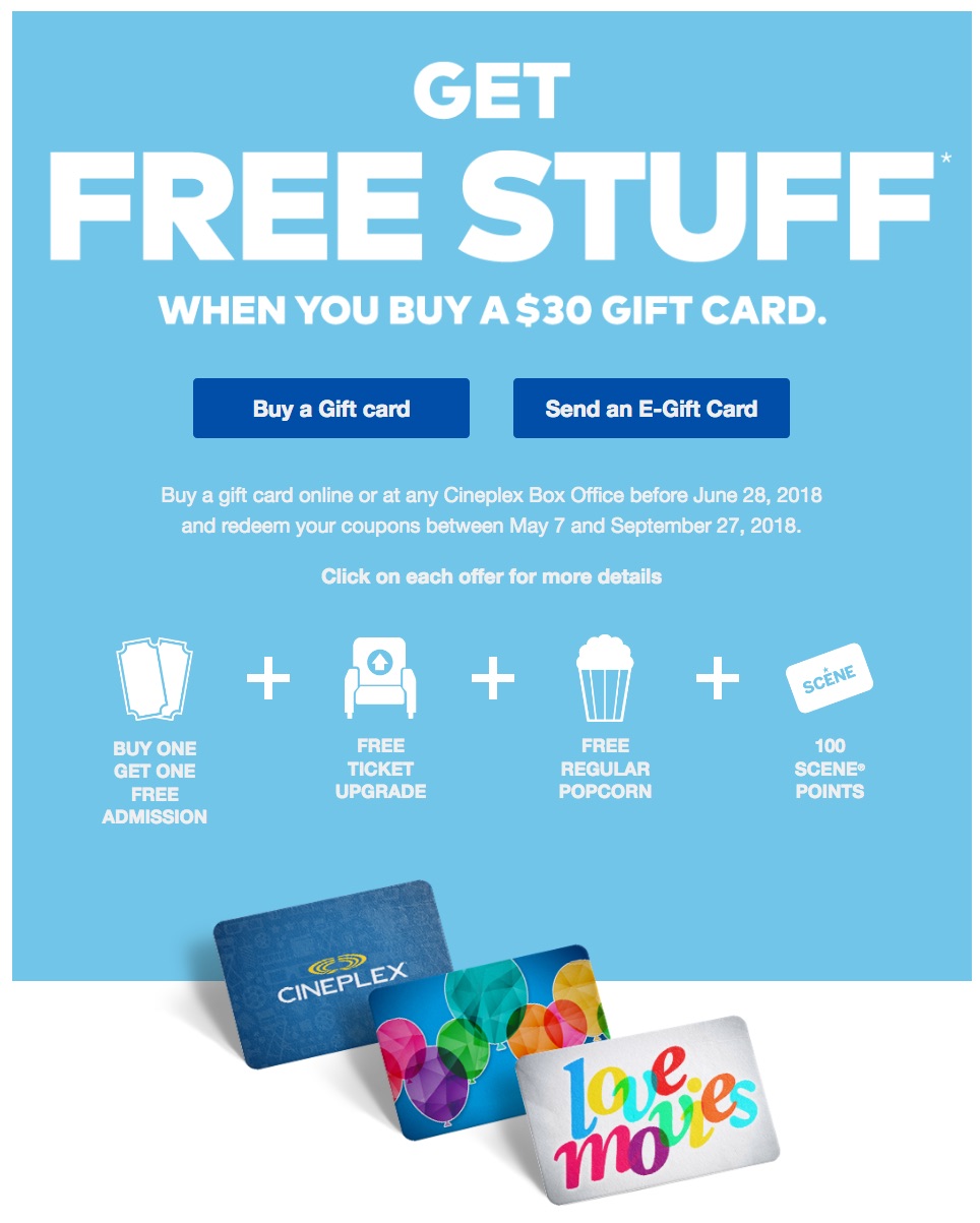 [逾期]Cineplex：購買$30 Gift Card，可免費獲贈價值$30 Cineplex禮品