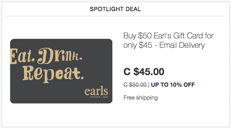 ebay.ca：$50 Earl’s Gift Card只賣$45