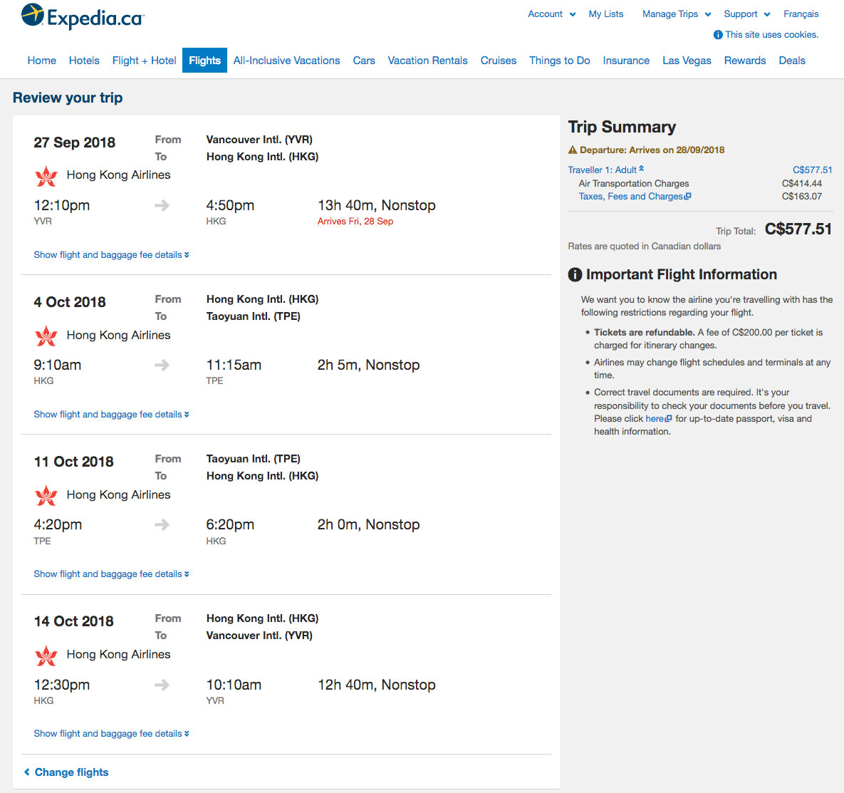 Expedia：溫哥華 – 香港 – 台北機票只賣加幣$578(連稅)