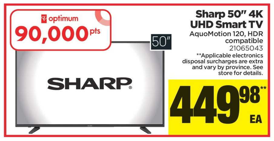 [逾期]Superstore：Sharp 50吋 4K超高清UHD電視 + 90000 PC Optimum Points只賣$449.98