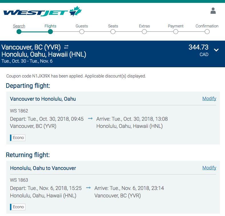 [逾期]WestJet：來回溫哥華及檀香山機票只賣$345