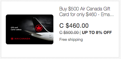 ebay.ca：$500 Air Canada Gift Card只賣$460
