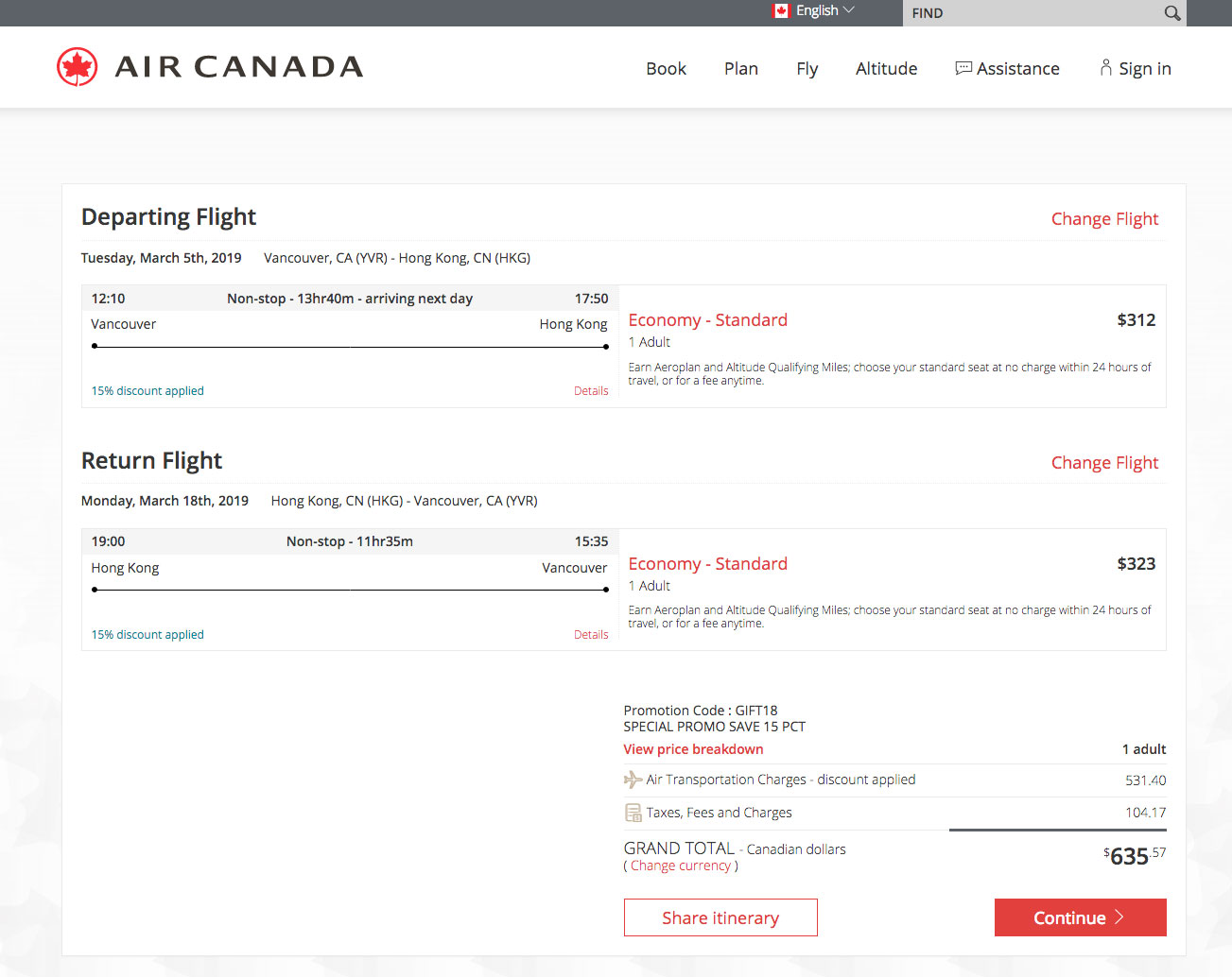 Air Canada：来回温哥华及香港只需 $636