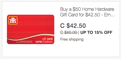 ebay.ca：$50 Home Hardware Gift Card只賣$42.50