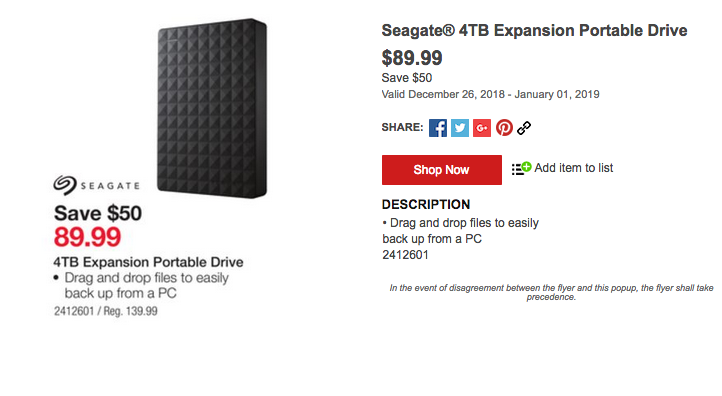 Staples：Seagate 4TB Portable External Hard Disk只賣$89.99