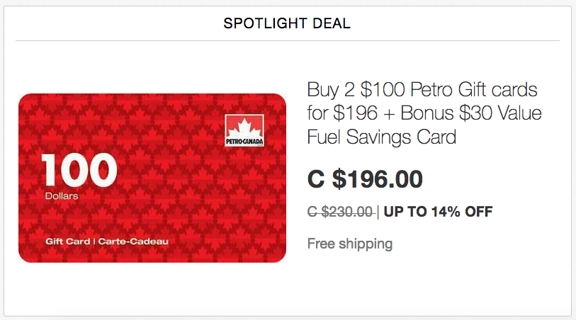 ebay.ca：2張$100 Petro Canada Gift Card + 高達$30 Preferred Price Card只賣$196