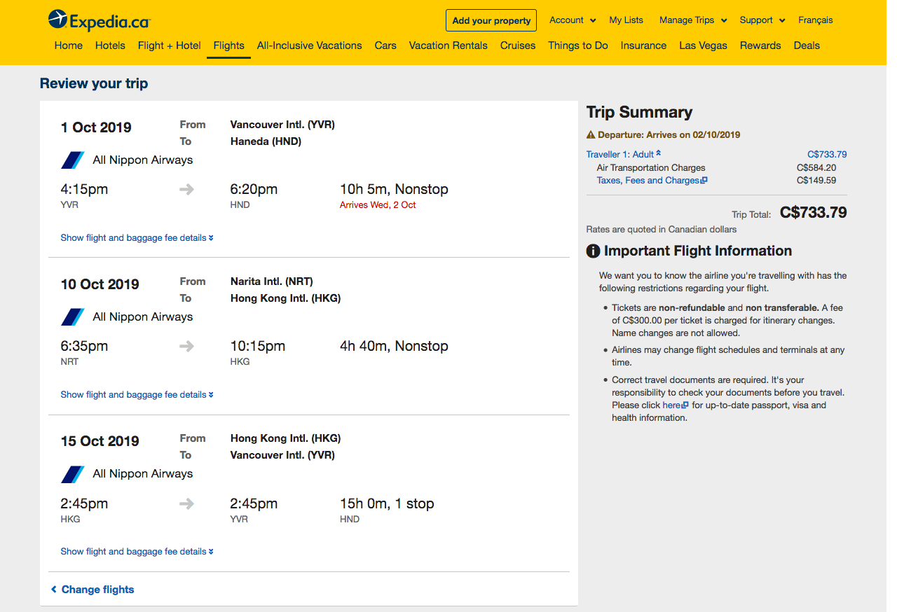 Expedia：溫哥華 – 東京 – 香港機票只賣$734(連稅)