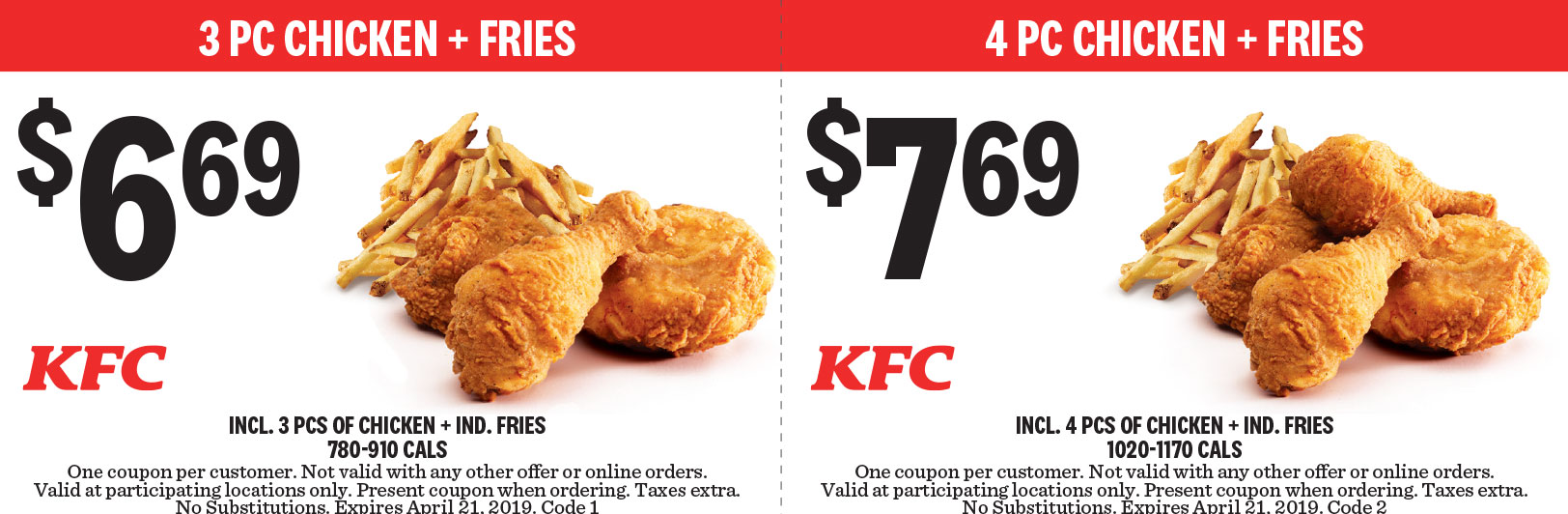KFC：3件鸡 + 薯条只需$6.69