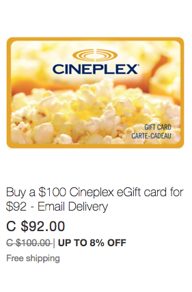 ebay.ca：$100 Cineplex Gift Card只賣$92