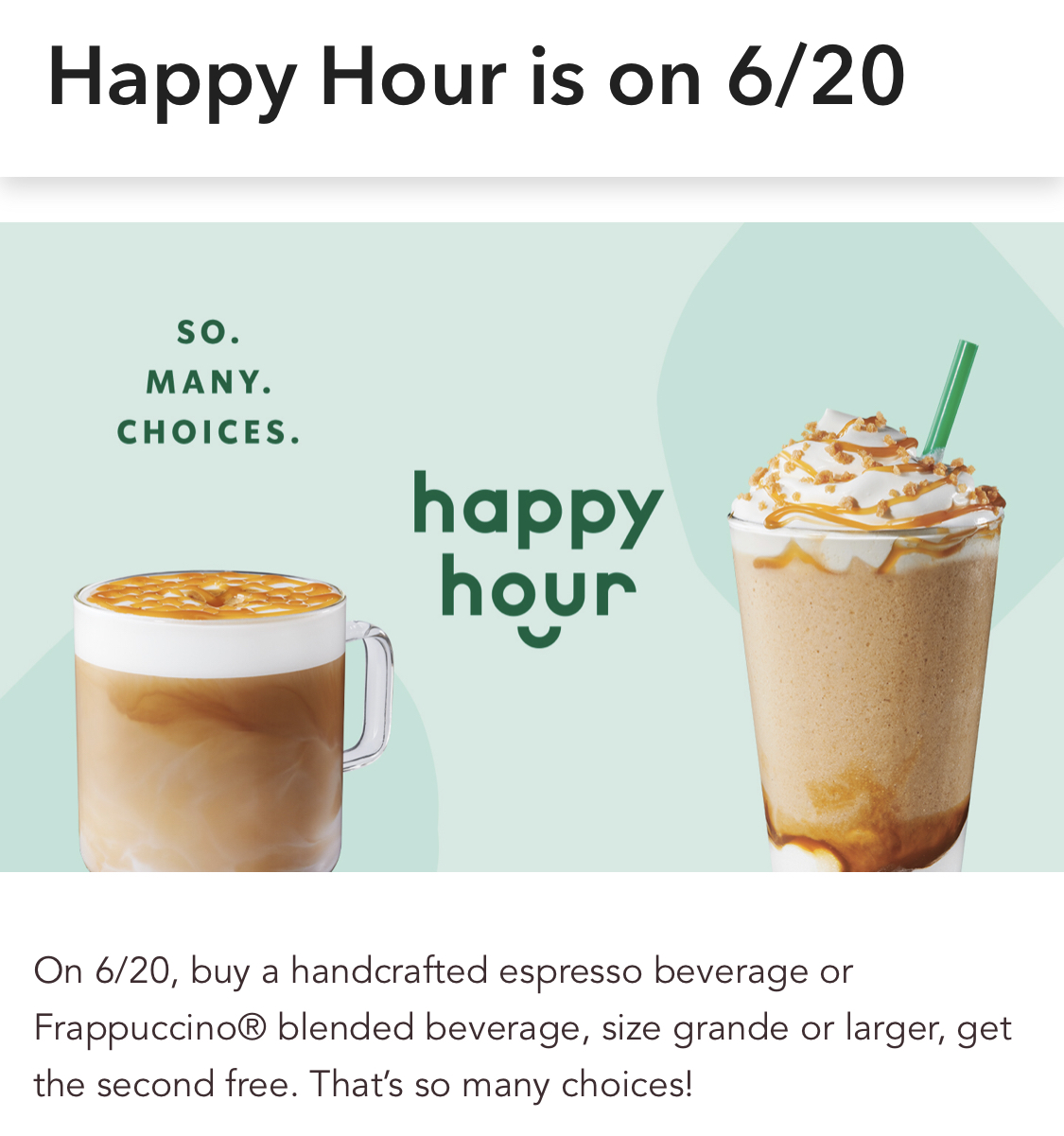 Starbucks：任何Espresso/Frappuccino可享買一送一優惠 (只限Starbucks會員)