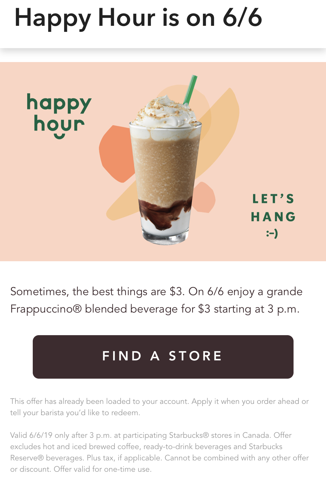 Starbucks：中杯裝Frappuccino只需$3 (只限Starbucks會員)